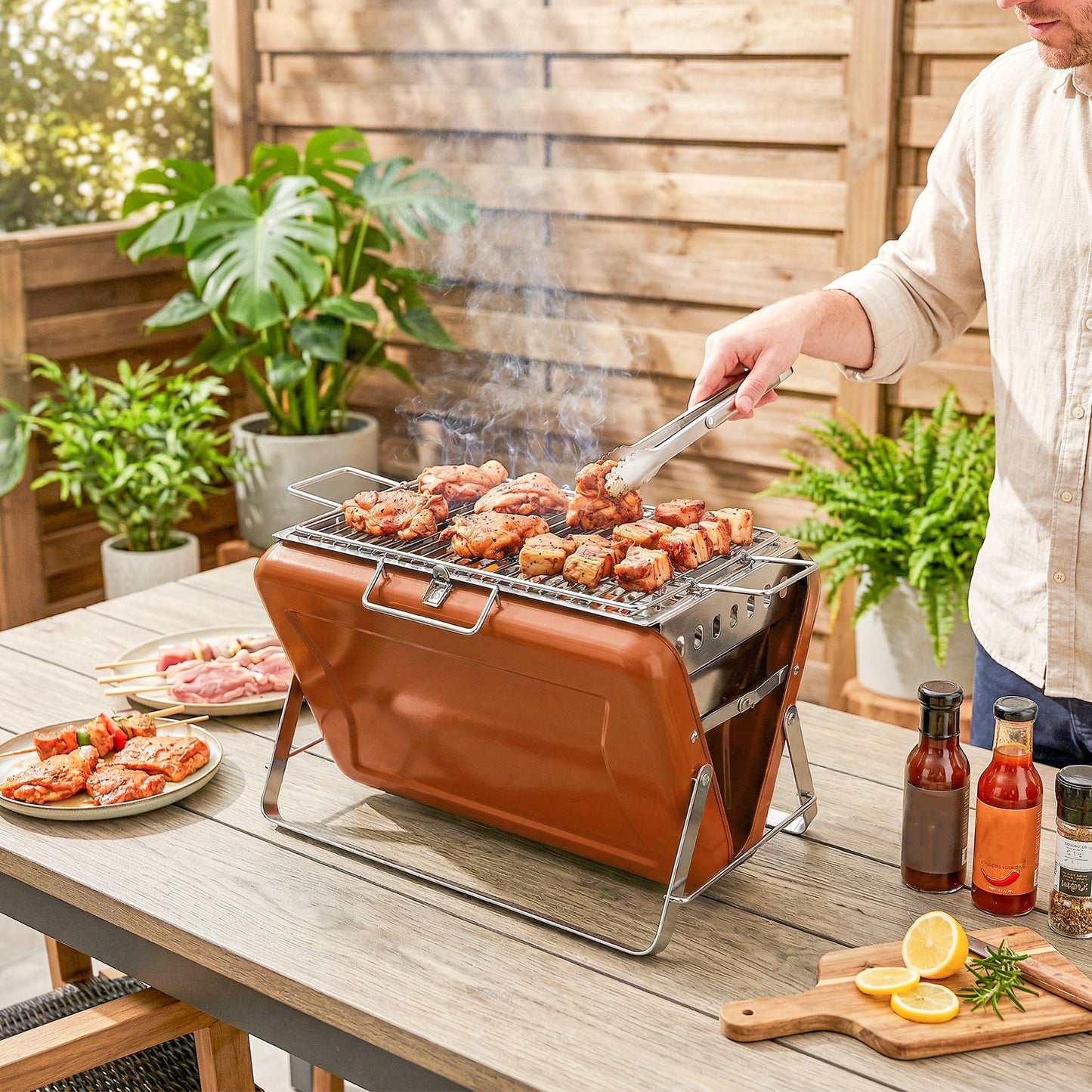 Charcoal BBQ Grill Portable with Tilting Grate Orange
