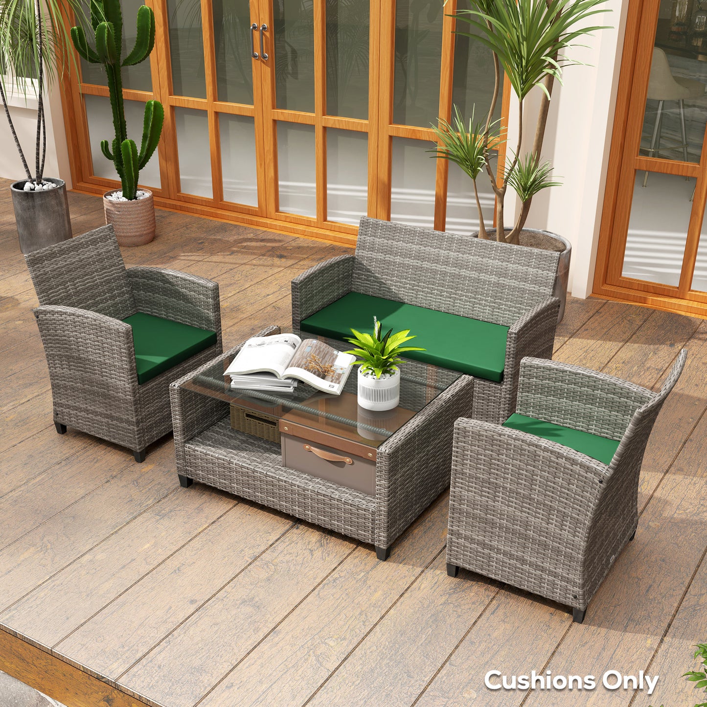 3PCs Rattan Garden Seat Cushions Pads for Patio Furniture Green