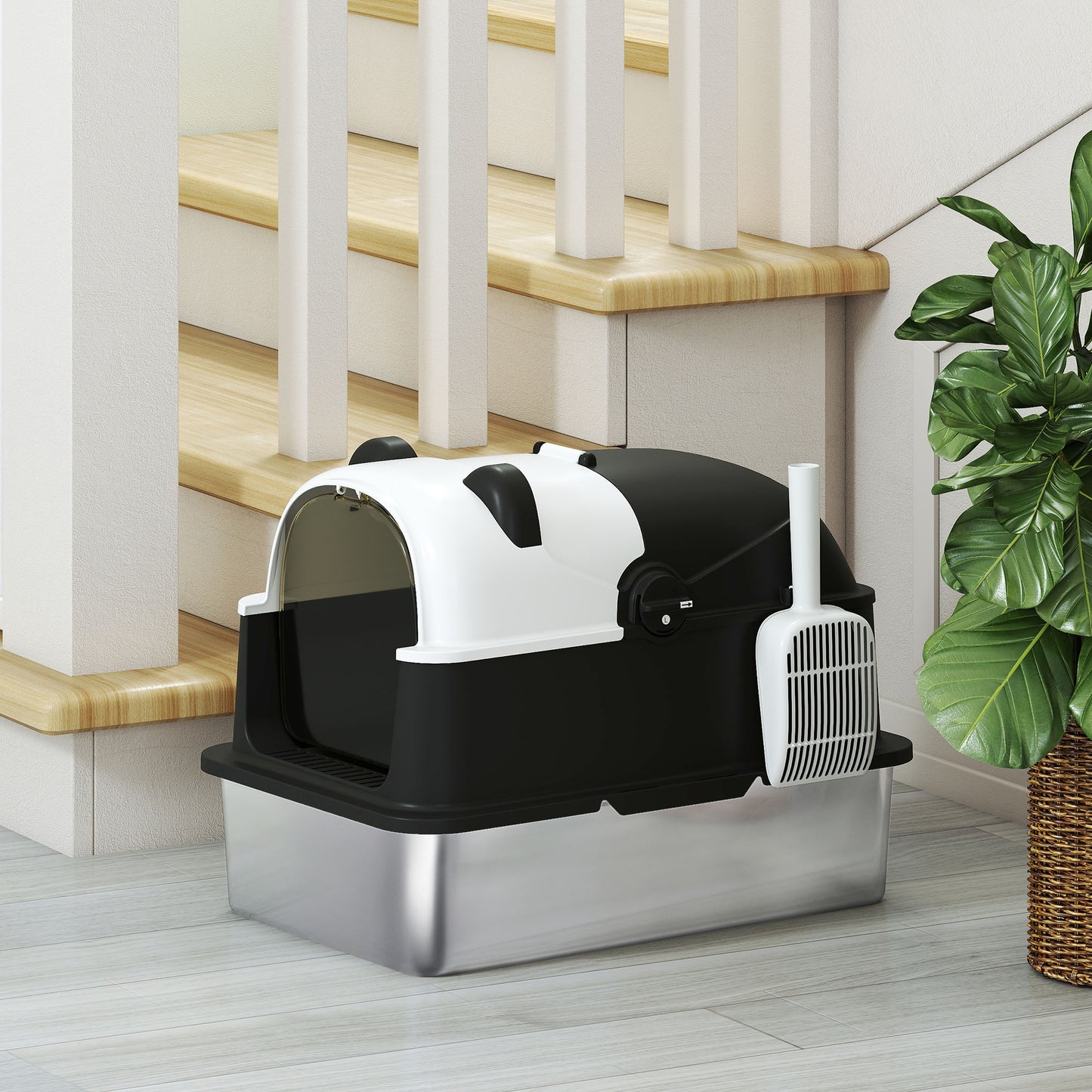 XL Stainless Steel Litter Box Tray with Lid, Panda Style