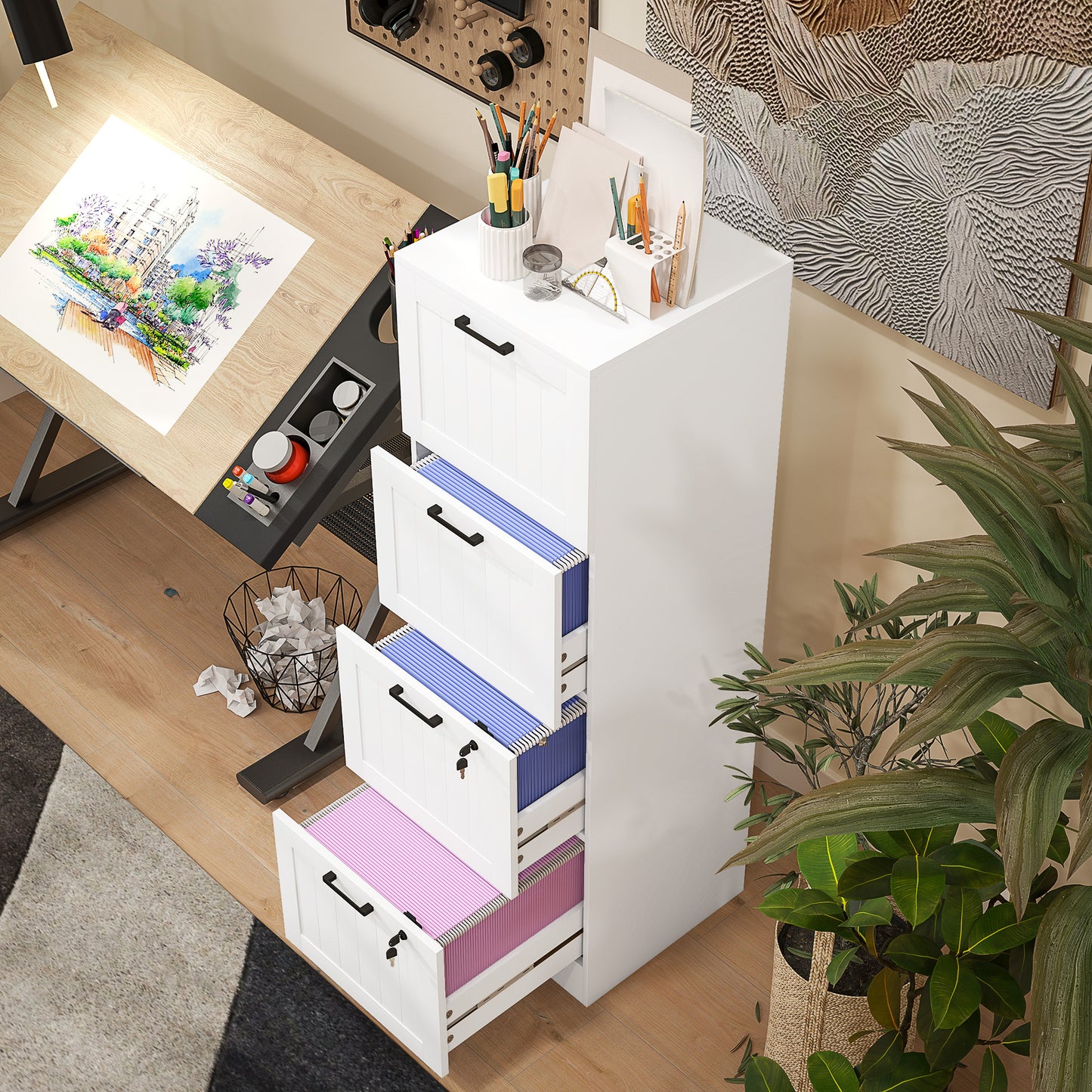 4 Drawer File Cabinet with Lock and Adjustable Hanging Bars, White