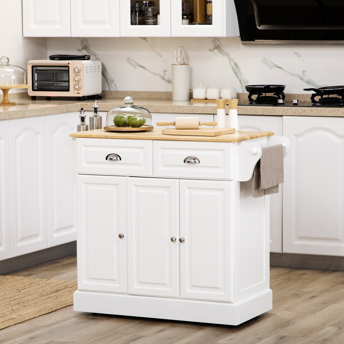 HOMCOM Kitchen Storage Trolley with Adjustable Shelf, Rolling Kitchen Island with Drawers and Cabinets, 110 x 45 x 91cm, White