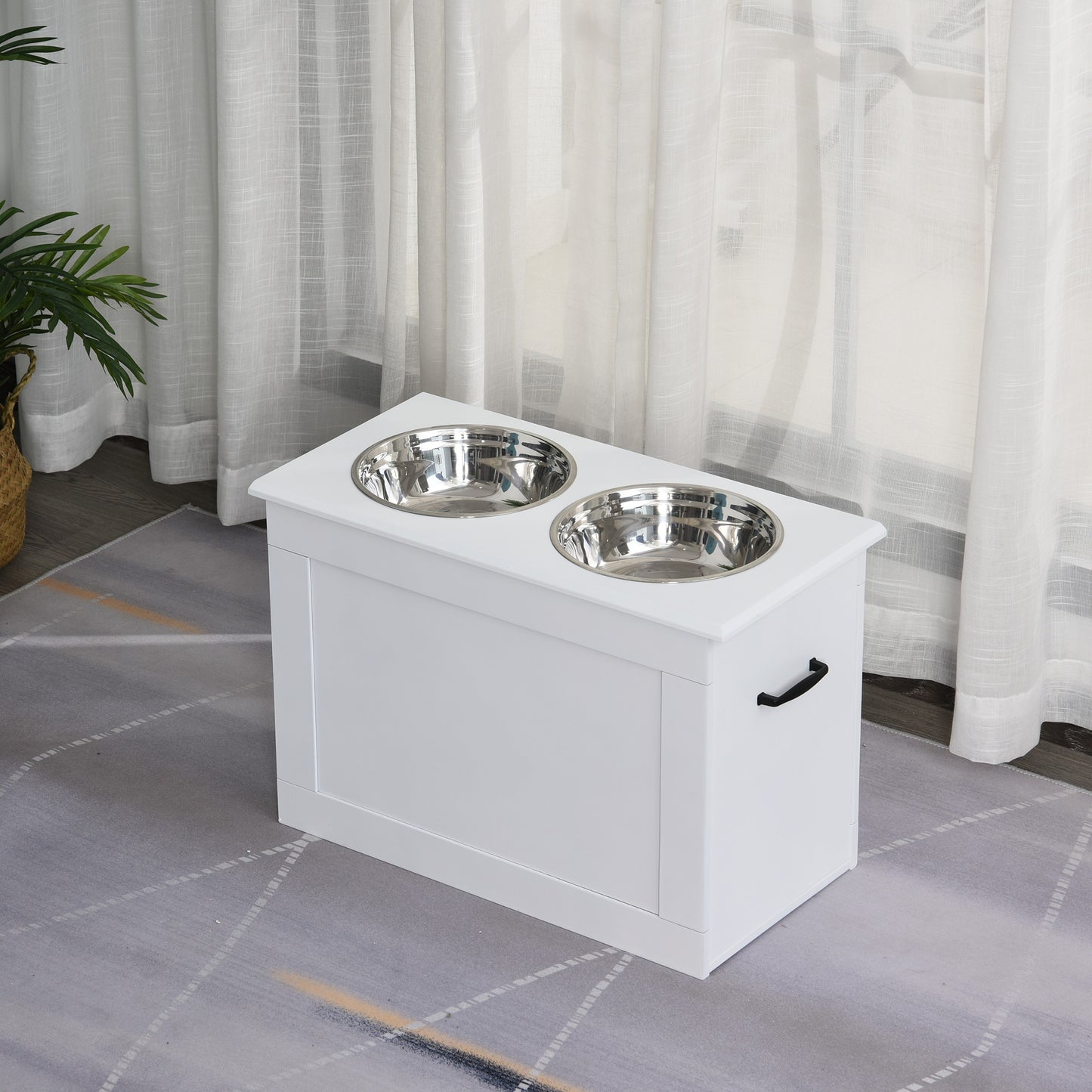 Raised Dog Bowls Pet Feeding Storage Station with 2 Stainless Steel Bowls Base for Large Dogs and Other Large Pets, White