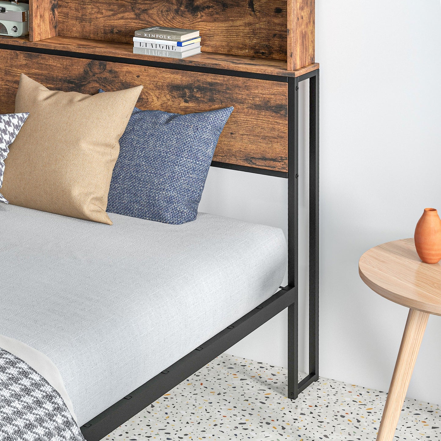 Industrial King Bed Frame, 5.2FT Steel Bed Base with Storage Headboard, Footboard, Rustic Brown