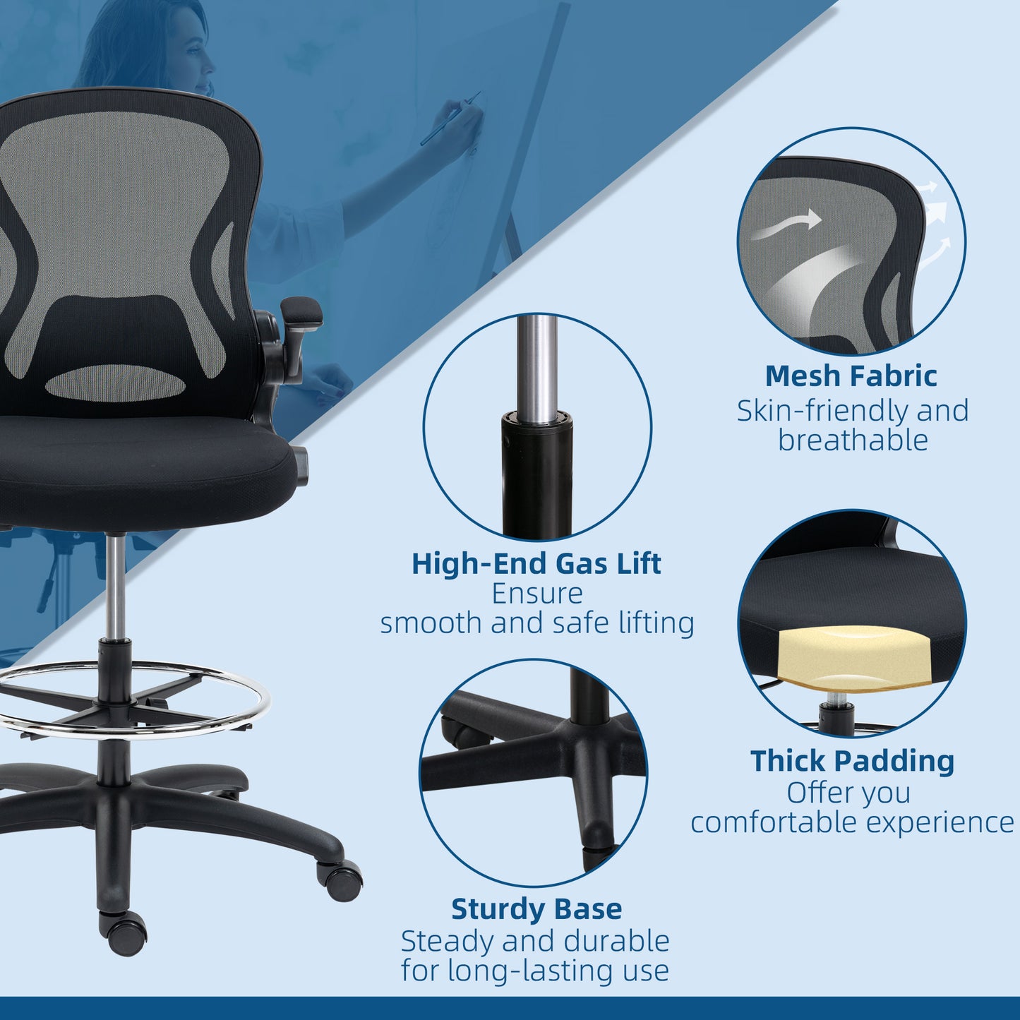 Adjustable Standing Desk Chair with Flip-up Armrests Lumbar Support Armrests Adjustable Footrest Ring Black