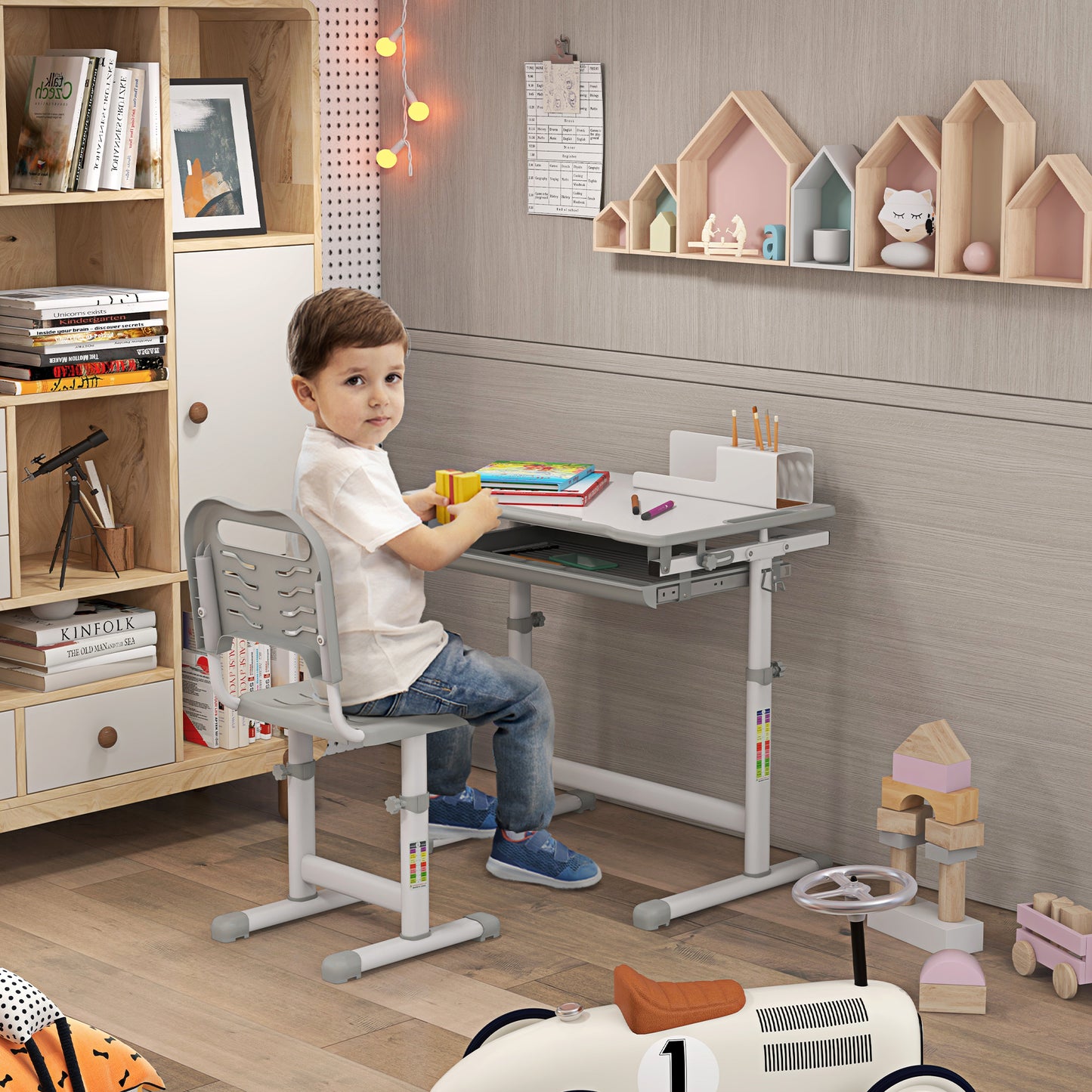 HOMCOM Kids Desk and Chair Set, Height Adjustable Student Writing Desk, Children School Study Table with Tiltable Desktop, Drawer, Pen Slot, Hook - Grey