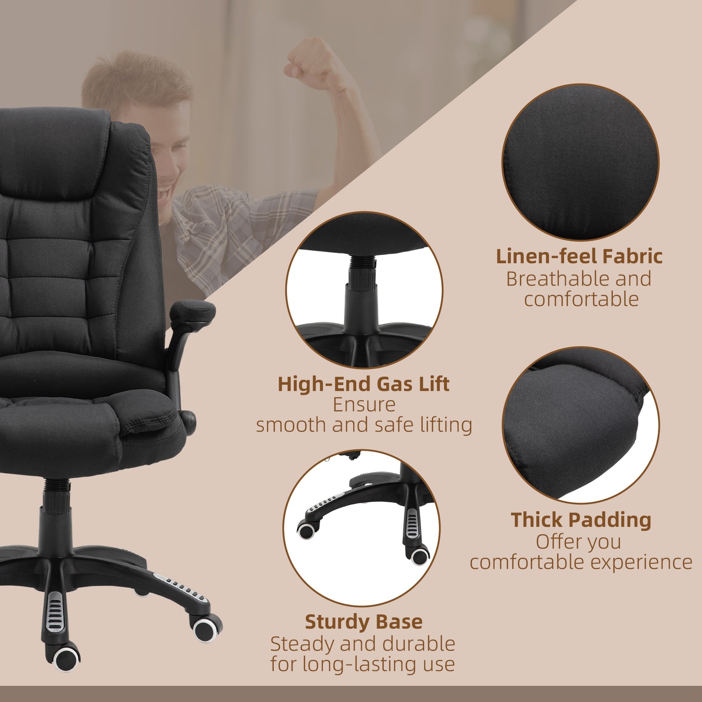 Massage Recliner Chair Heated Office Chair with Six Massage Points Linen-Feel Fabric 360° Swivel Wheels Black