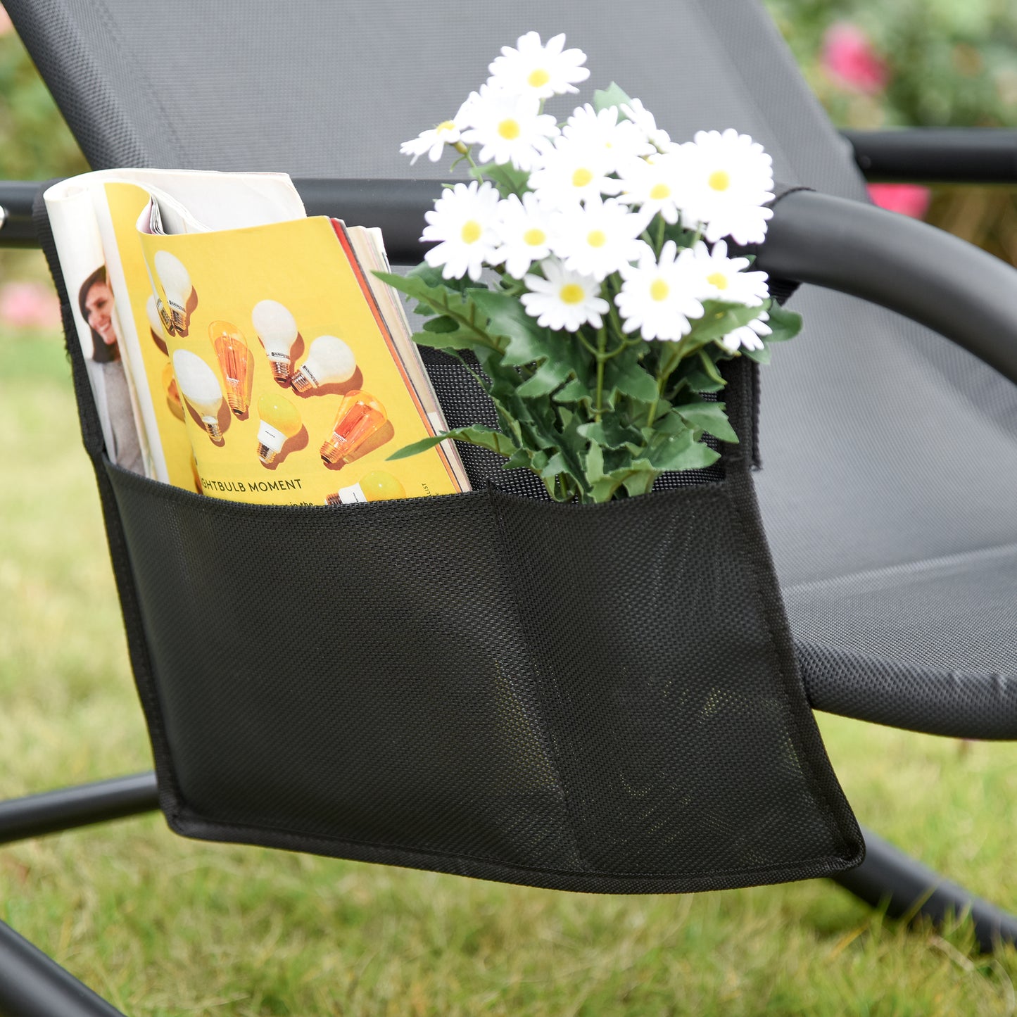 Breathable Mesh Rocking Chair Patio Rocker Lounge for Indoor & Outdoor Recliner Seat w/ Removable Headrest for Garden and Patio Black