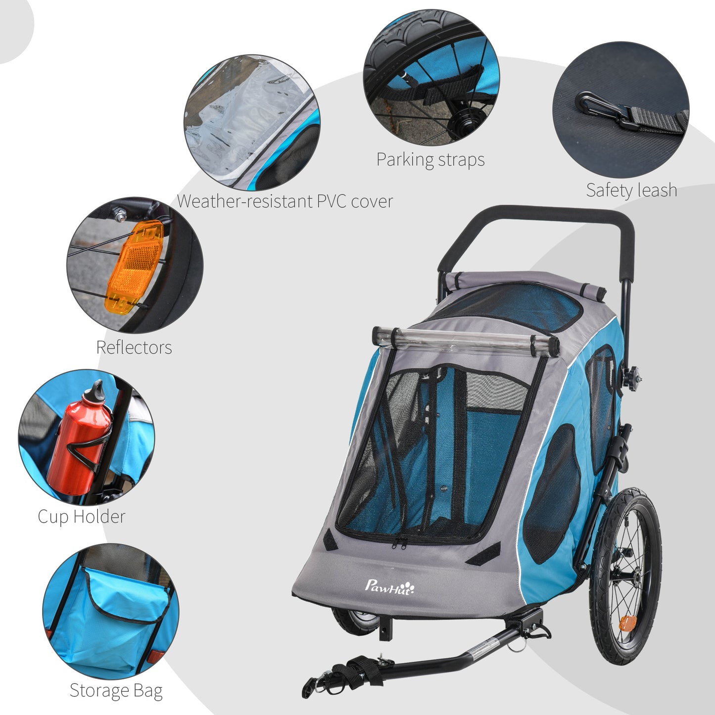 2 IN 1 Dog Bike Trailer Pet Carrier Stroller 360¬° Rotatable Front Wheel Reflectors Parking Straps Hitch Coupler Cup Holder Water Resistant Blue
