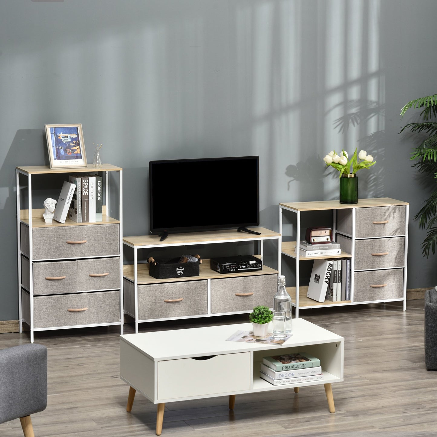 Chest of Drawers Storage Dresser Cabinet Organizer with 3 Fabric Drawers and 2 Display Shelves for Living Room, Bedroom, Hallway, Beige