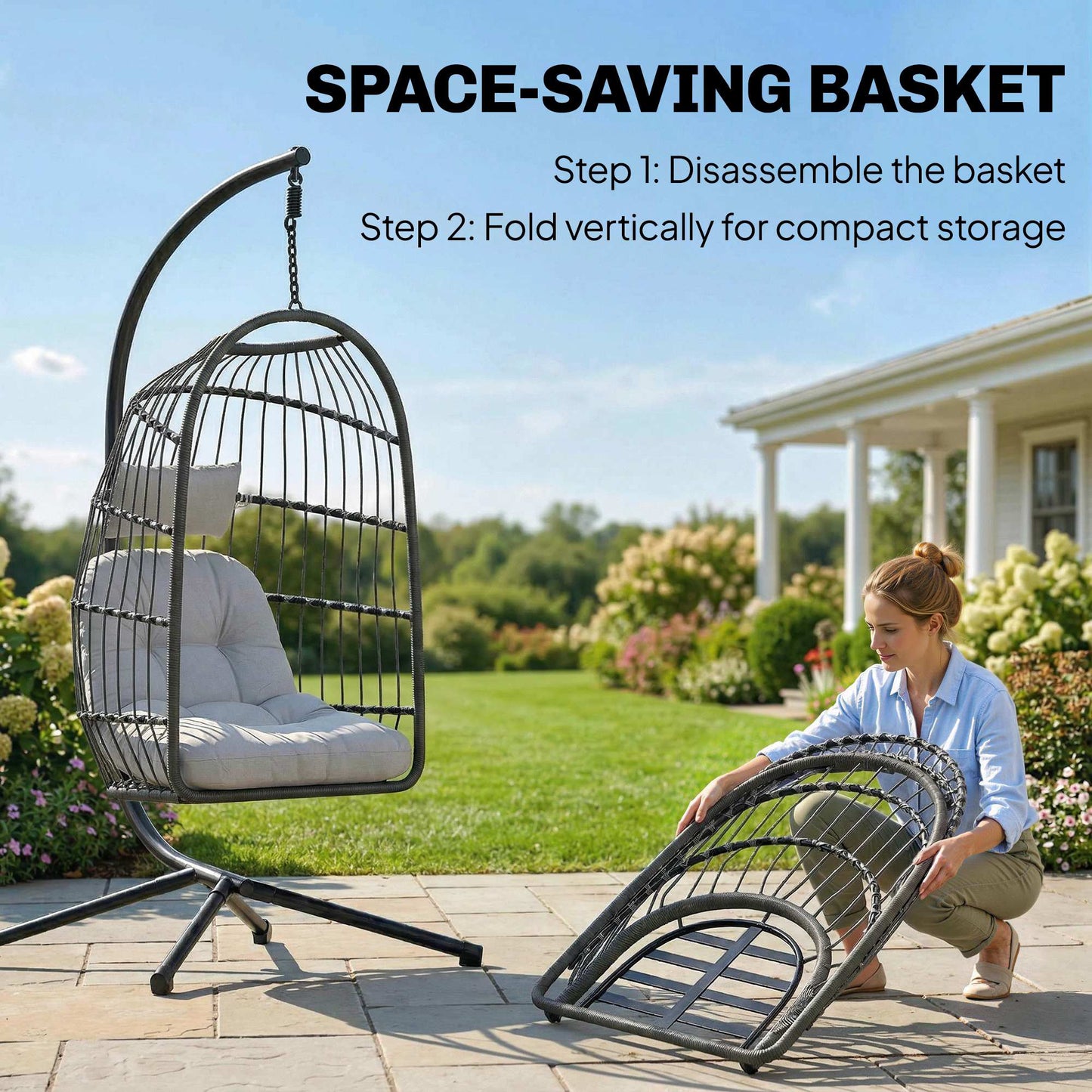 Hanging Egg Chair, Outdoor Swing Chair with Stand, Dark/Light Grey