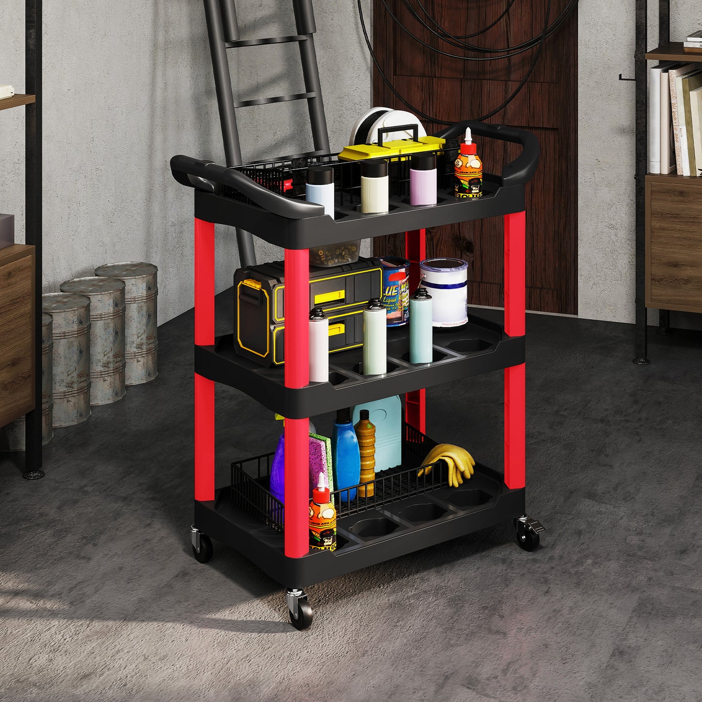 3-Tier Rolling Tool Cart, Tool Trolley on Wheels for Garage, Black