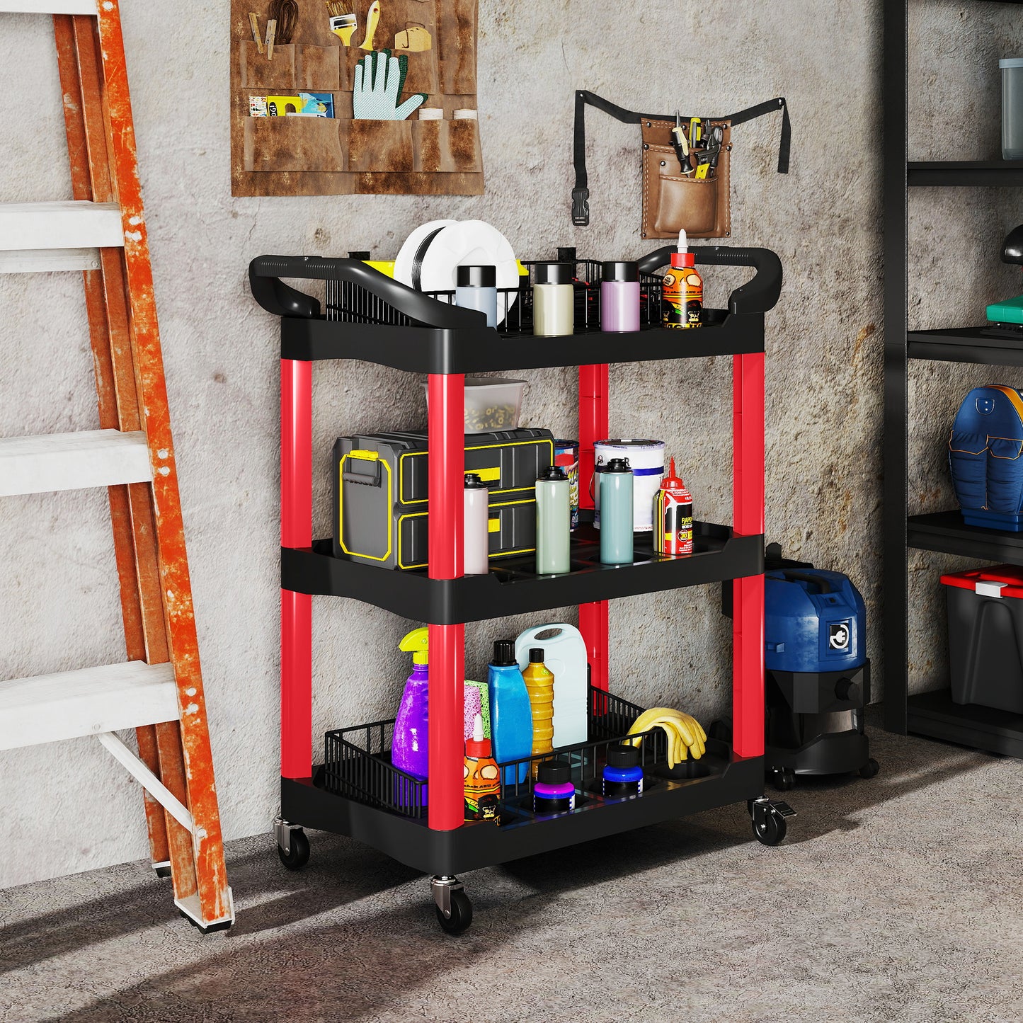 3-Tier Rolling Tool Cart, Tool Trolley on Wheels for Garage, Black