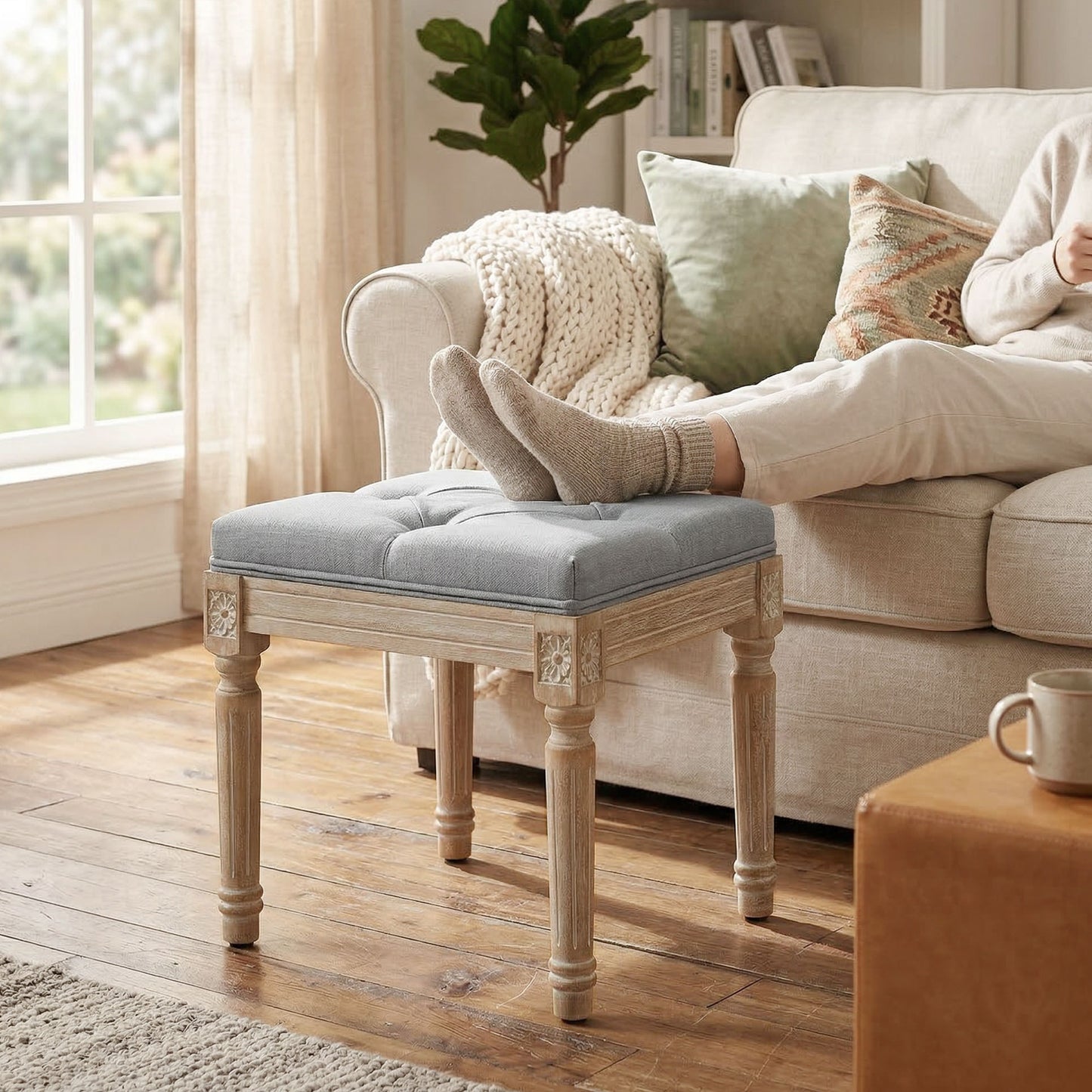 Vintage Foot Stool with Wood Legs, Light Grey