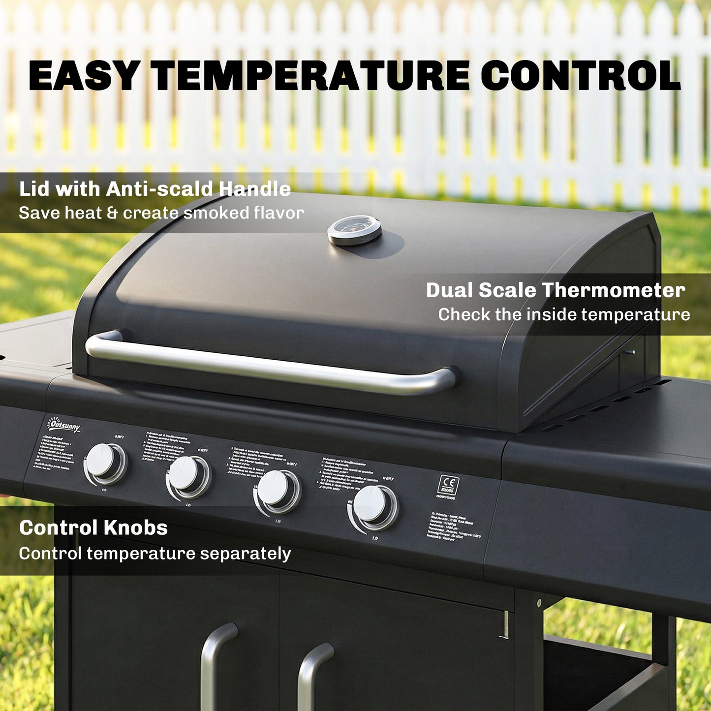 Burner Gas BBQ Grill, Gas Barbecue Trolley with Side Table, Black