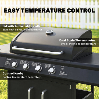 Burner Gas BBQ Grill, Gas Barbecue Trolley with Side Table, Black