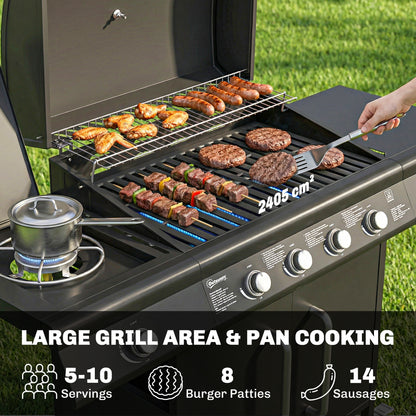 Burner Gas BBQ Grill, Gas Barbecue Trolley with Side Table, Black