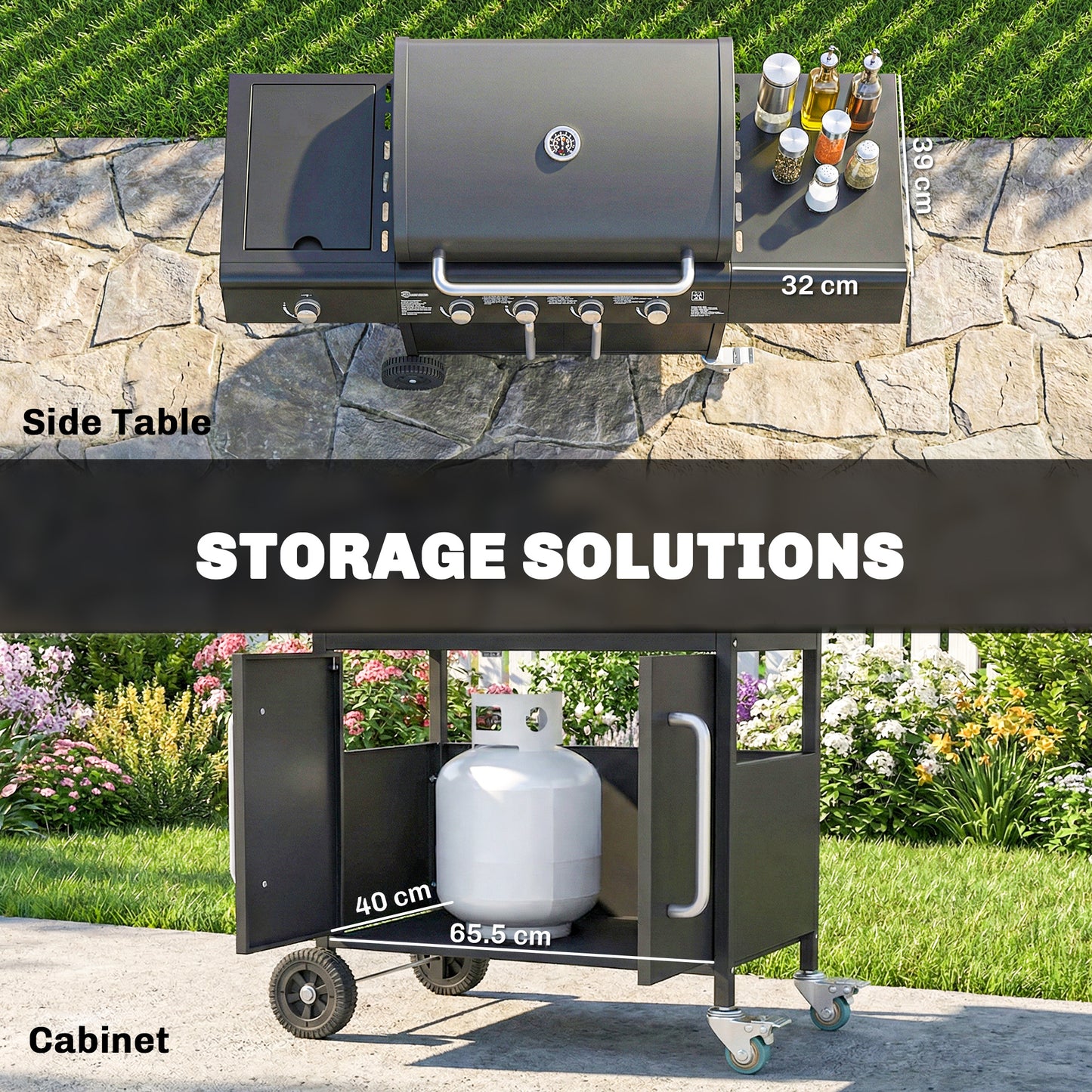 Burner Gas BBQ Grill, Gas Barbecue Trolley with Side Table, Black