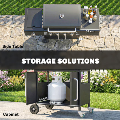 Burner Gas BBQ Grill, Gas Barbecue Trolley with Side Table, Black