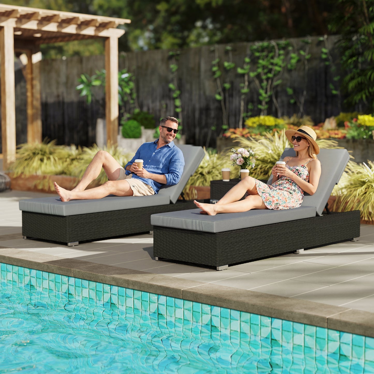 Rattan Sun Loungers Set of 2 with Side Table, Dark Grey