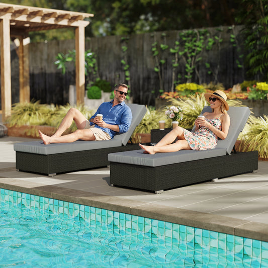 Rattan Sun Loungers Set of 2 with Side Table, Dark Grey