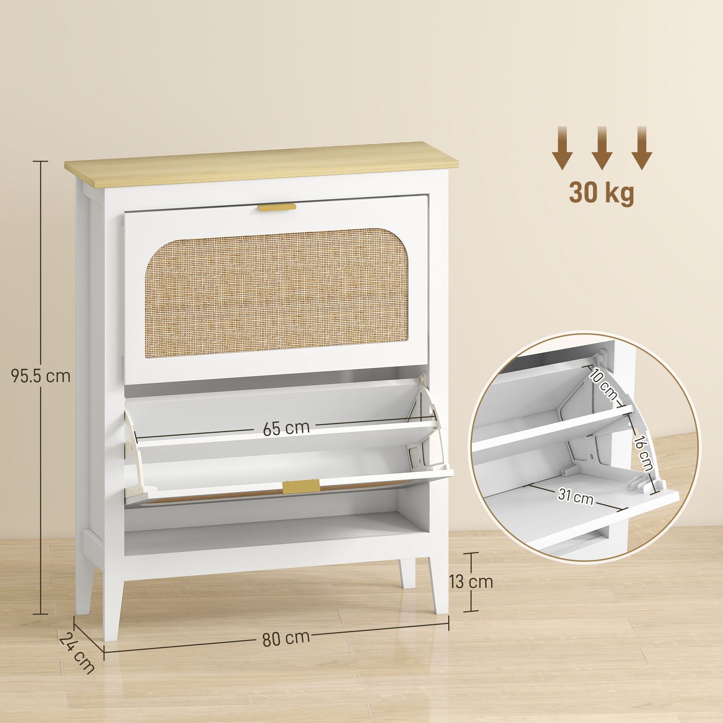 Shoe Storage Cabinet with 2 Flip Drawers, Boho Slim Shoe Cabinet with Rattan Doors for Entryway, Hallway, Holds 14 Pairs, White
