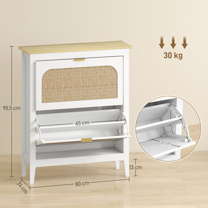 Shoe Storage Cabinet with 2 Flip Drawers, Boho Slim Shoe Cabinet with Rattan Doors for Entryway, Hallway, Holds 14 Pairs, White
