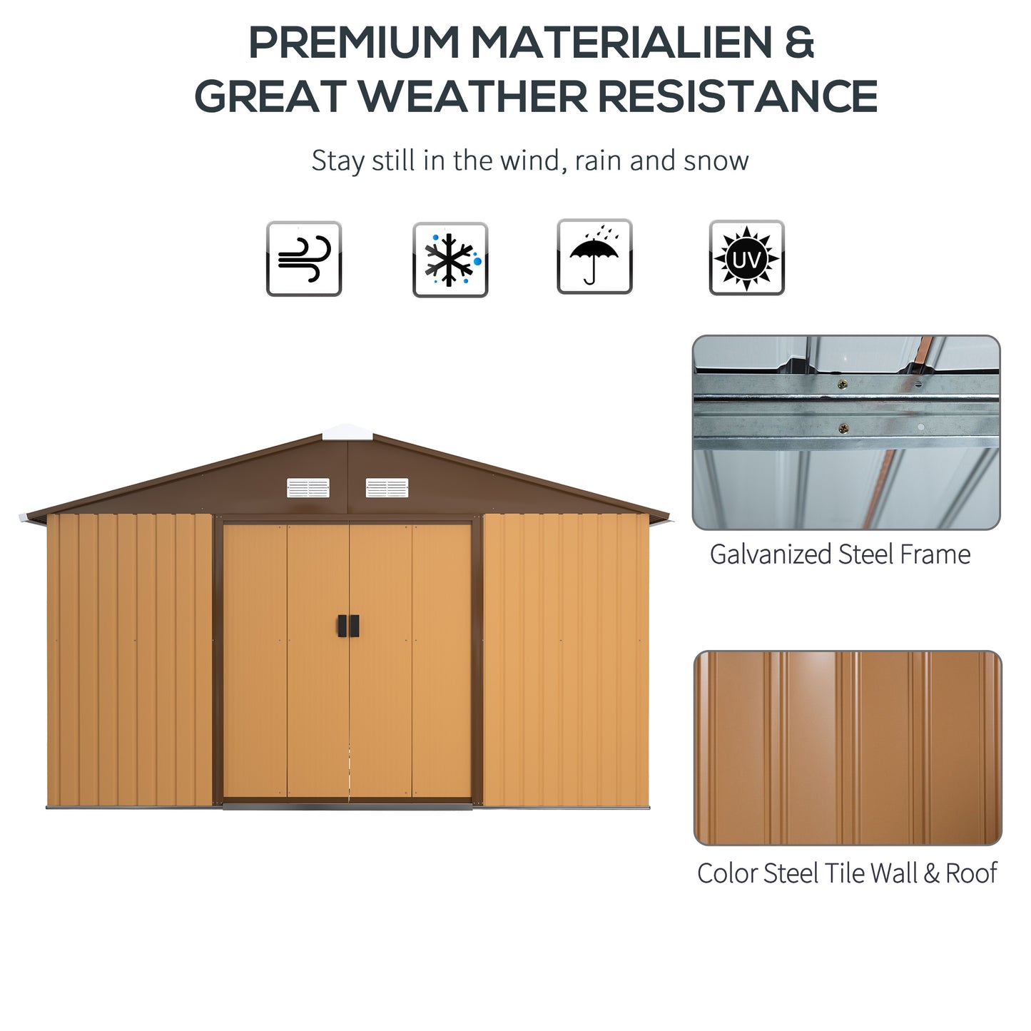 13 x 11ft Garden Metal Storage Shed Outdoor Storage Shed with Foundation Ventilation & Doors Brown