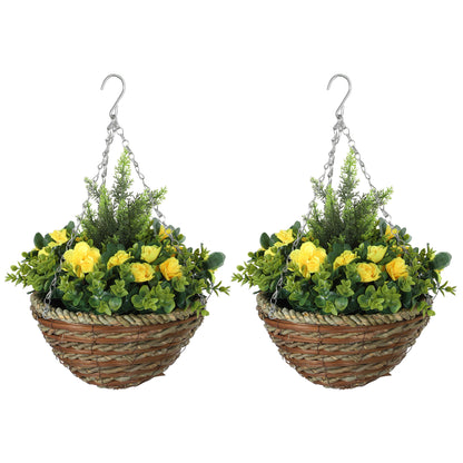 2 PCs Artificial Lisianthus Flower Hanging Planter Basket Yellow