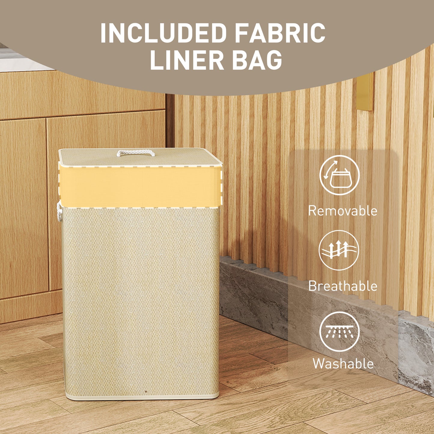 Laundry Hamper with Removable Washable Liner Bag, Nature Wood Finish