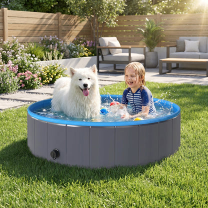 Foldable Dog Pool for Puppies and Ducks, Thickened PVC Dog Paddling Pool Bath Tub Hard Board, Anti-Slip Bottom and Hose Adapter for Easy Drainage, 120 x 30cm, Dark Grey and Blue