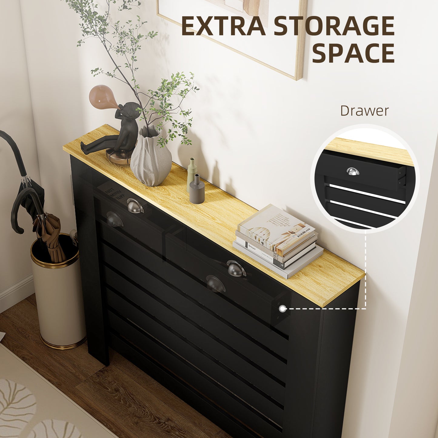 Radiator Cover with Drawer, Horizontal Slat, 111cm, Black