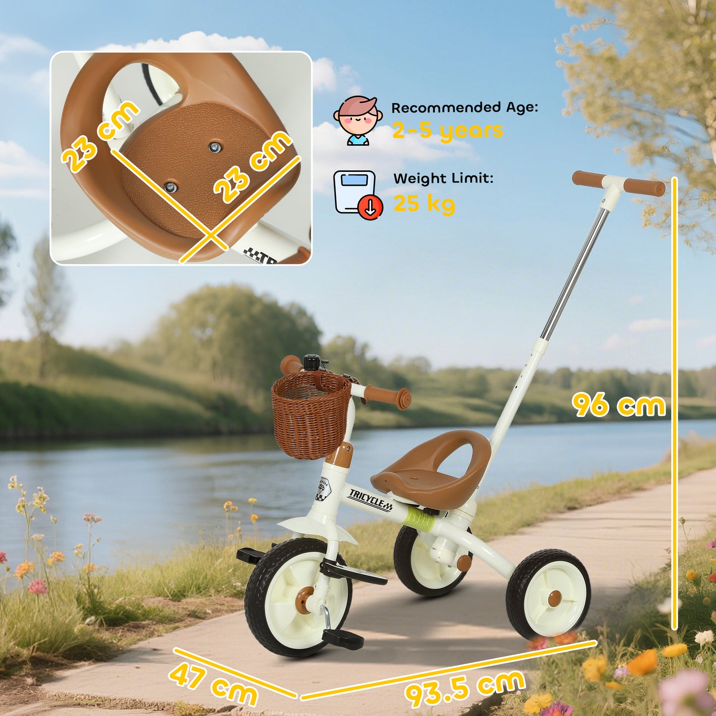 Kids Tricycle for 2-5 Years Old, 2-In-1 Toddler Trike with Adjustable Parent Handle, Pedals, Footrests, Storage Basket, 3 Wheel Bike for Boys and Girls, White