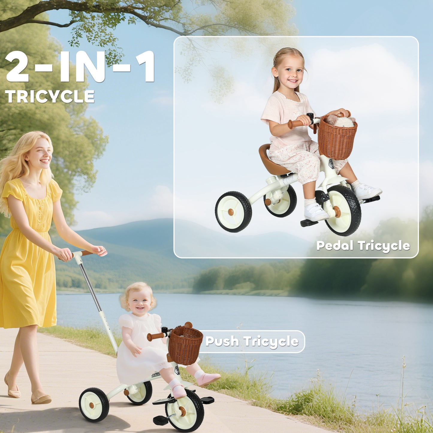 Kids Tricycle for 2-5 Years Old, 2-In-1 Toddler Trike with Adjustable Parent Handle, Pedals, Footrests, Storage Basket, 3 Wheel Bike for Boys and Girls, White