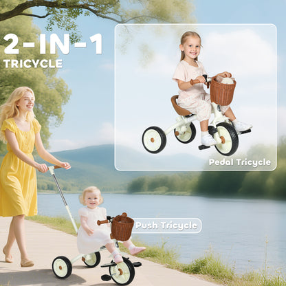Kids Tricycle for 2-5 Years Old, 2-In-1 Toddler Trike with Adjustable Parent Handle, Pedals, Footrests, Storage Basket, 3 Wheel Bike for Boys and Girls, White