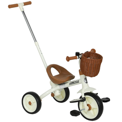 Kids Tricycle for 2-5 Years Old, 2-In-1 Toddler Trike with Adjustable Parent Handle, Pedals, Footrests, Storage Basket, 3 Wheel Bike for Boys and Girls, White