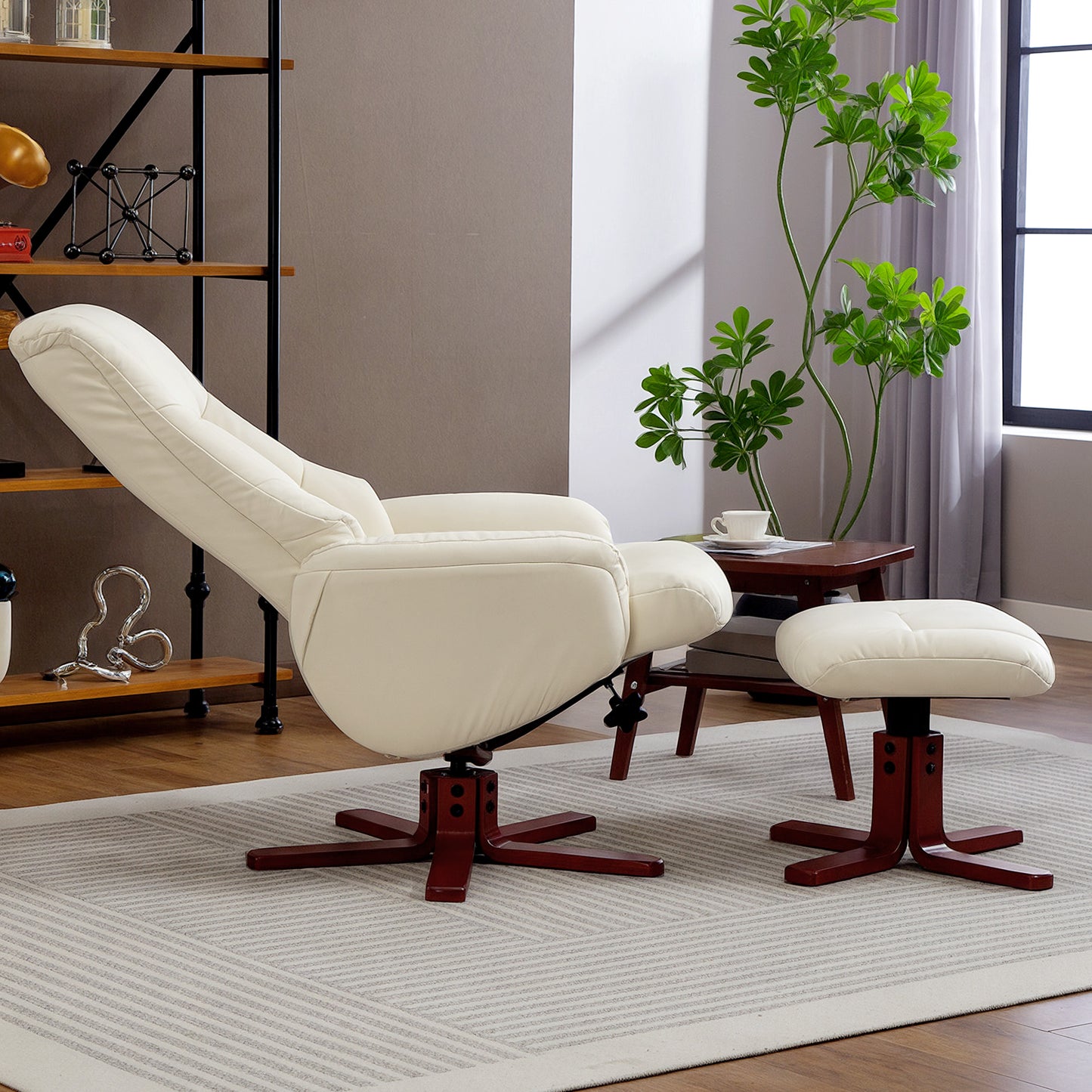 Recliner Armchair with Wood Base, Upholstered Reclining Chair, Cream