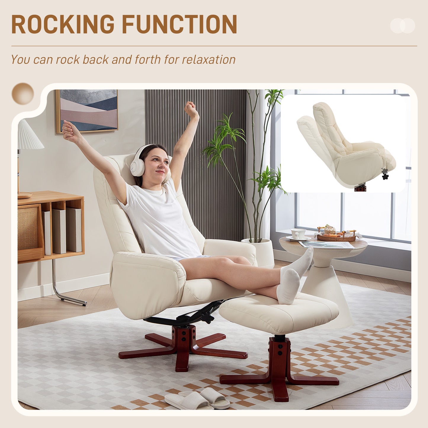 Recliner Armchair with Wood Base, Upholstered Reclining Chair, Cream