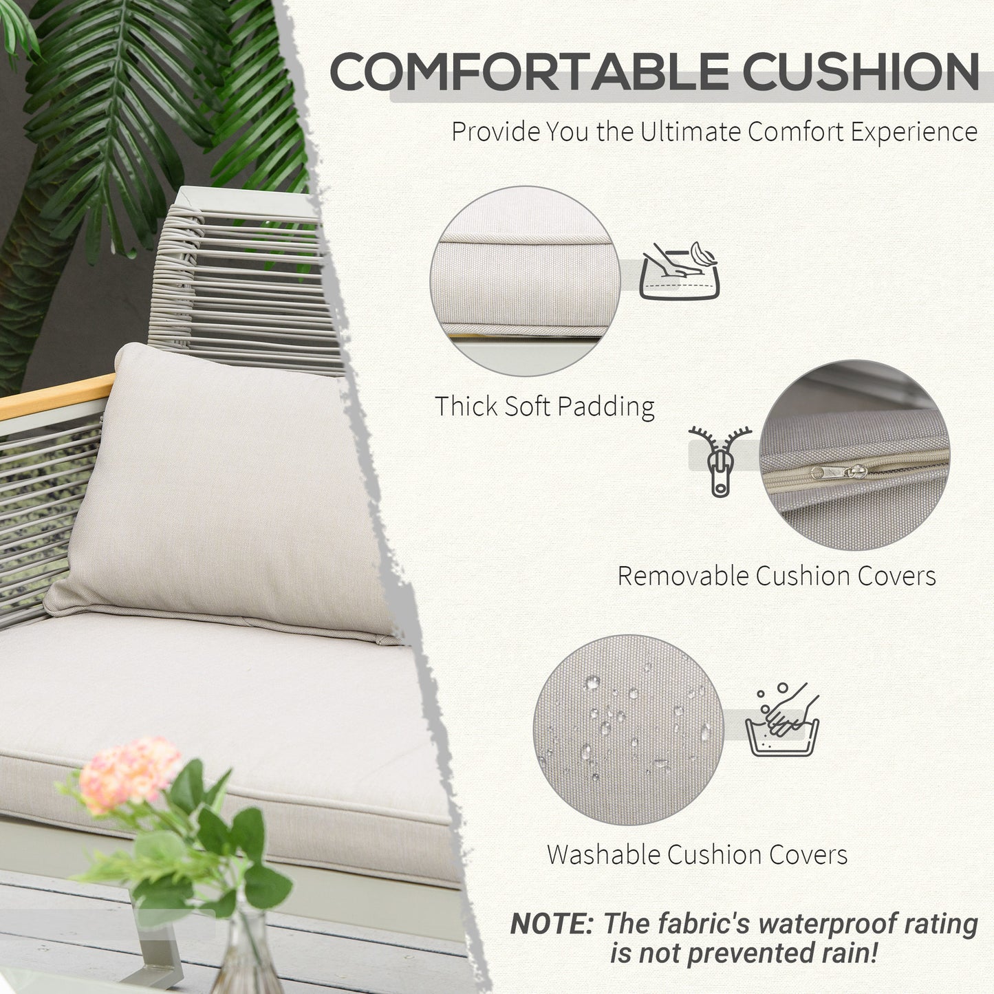 4-Seater Patio Wicker Sofa Set, Outdoor Metal Frame Wrapped Round PE Rattan Conservatory Furniture w/ Cushions, Tempered Glass Table, Grey