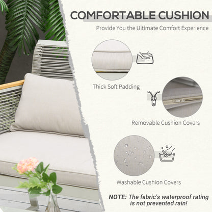 4-Seater Patio Wicker Sofa Set, Outdoor Metal Frame Wrapped Round PE Rattan Conservatory Furniture w/ Cushions, Tempered Glass Table, Grey