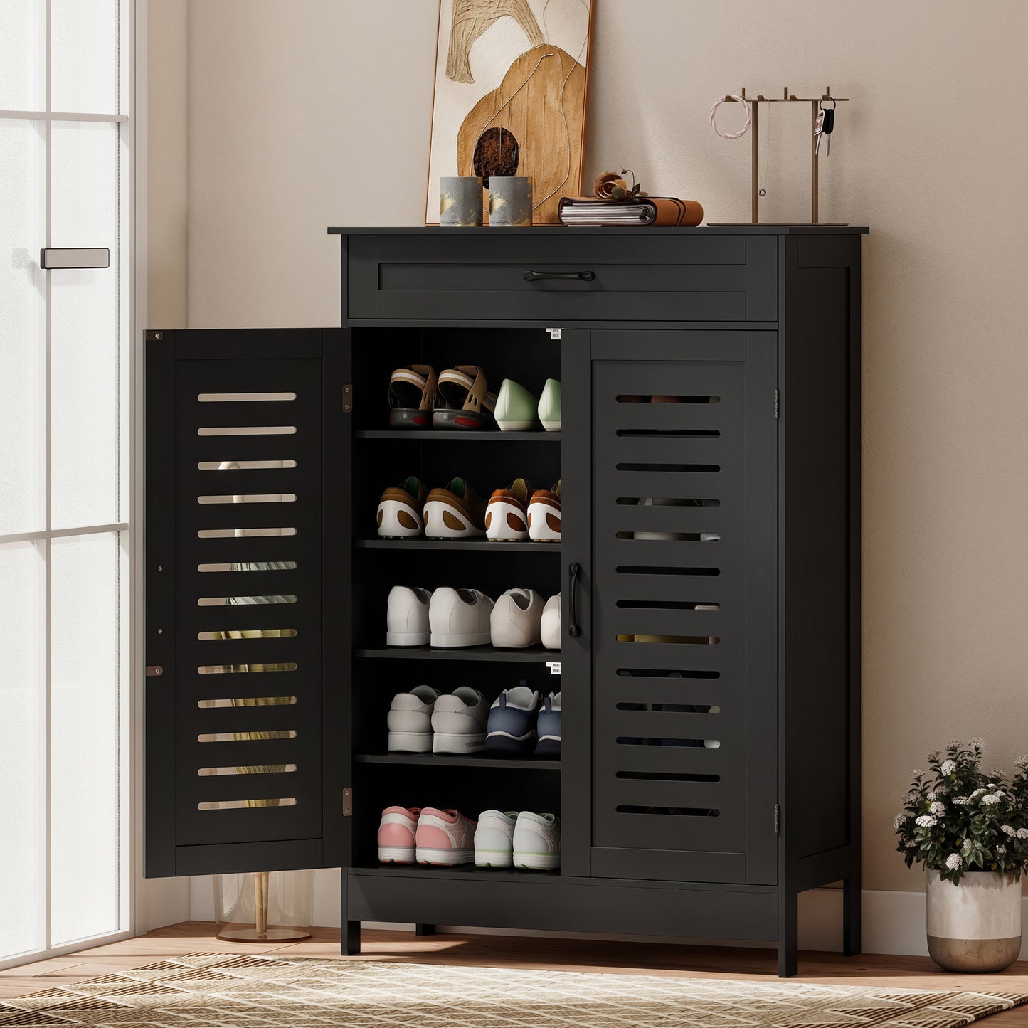Modern Shoe Storage Cabinet with Louvered Doors and Drawer, Black