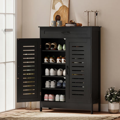 Modern Shoe Storage Cabinet with Louvered Doors and Drawer, Black