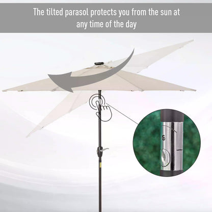 Garden 24 LED Parasol Outdoor Tilt Sun Umbrella Patio Club Party Event Manual Sun Shade w/ Hand Crank Off-white