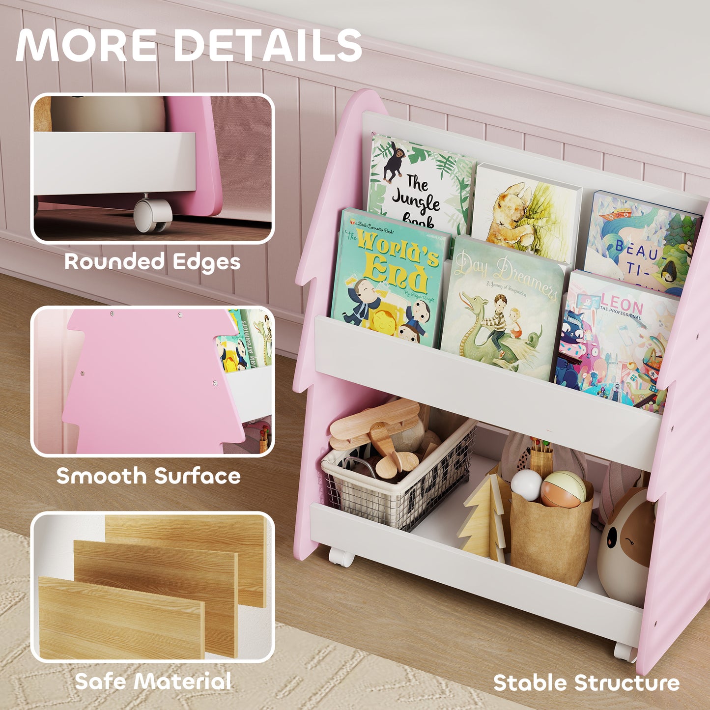 Double-Sided Children's Bookcase with Wheels for Playroom, Pink