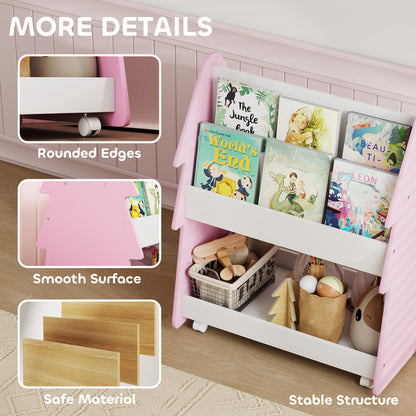 Double-Sided Children's Bookcase with Wheels for Playroom, Pink