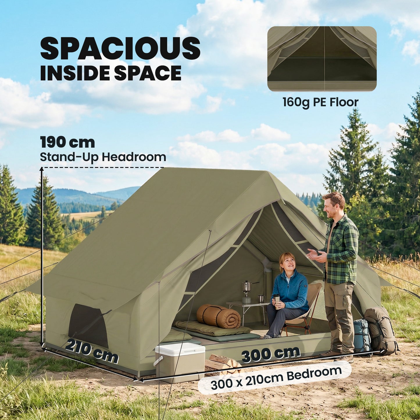 Inflatable Camping Tent with Air Pump, Easy Setup 2-4 Person Blow Up Glamping Tent, 3000mm Waterproof with Mesh Windows and Carry Bag, House Design for Family Weekend Camping, Green