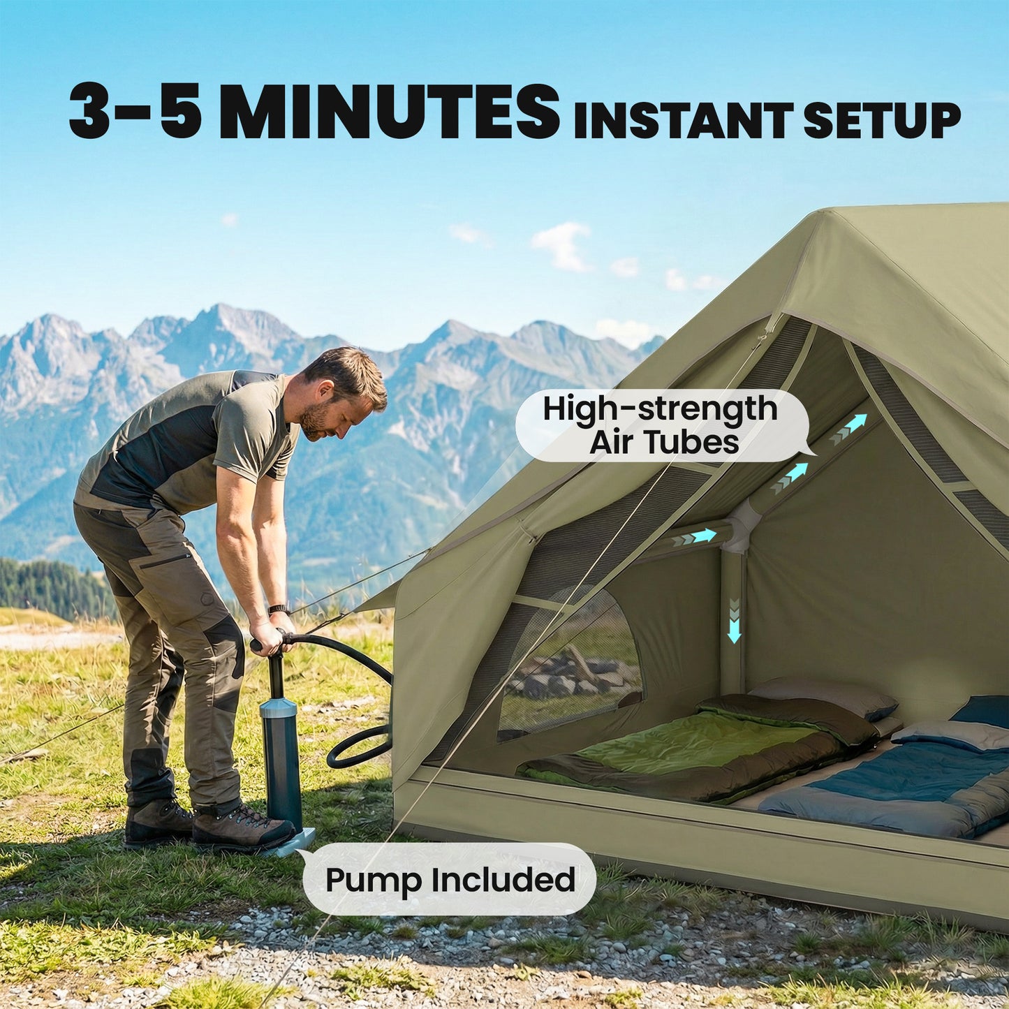 Inflatable Camping Tent with Air Pump, Easy Setup 2-4 Person Blow Up Glamping Tent, 3000mm Waterproof with Mesh Windows and Carry Bag, House Design for Family Weekend Camping, Green