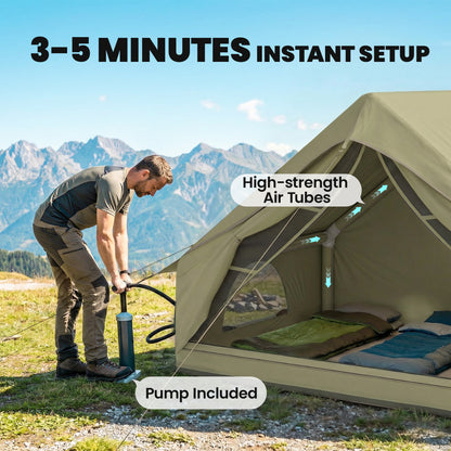 Inflatable Camping Tent with Air Pump, Easy Setup 2-4 Person Blow Up Glamping Tent, 3000mm Waterproof with Mesh Windows and Carry Bag, House Design for Family Weekend Camping, Green