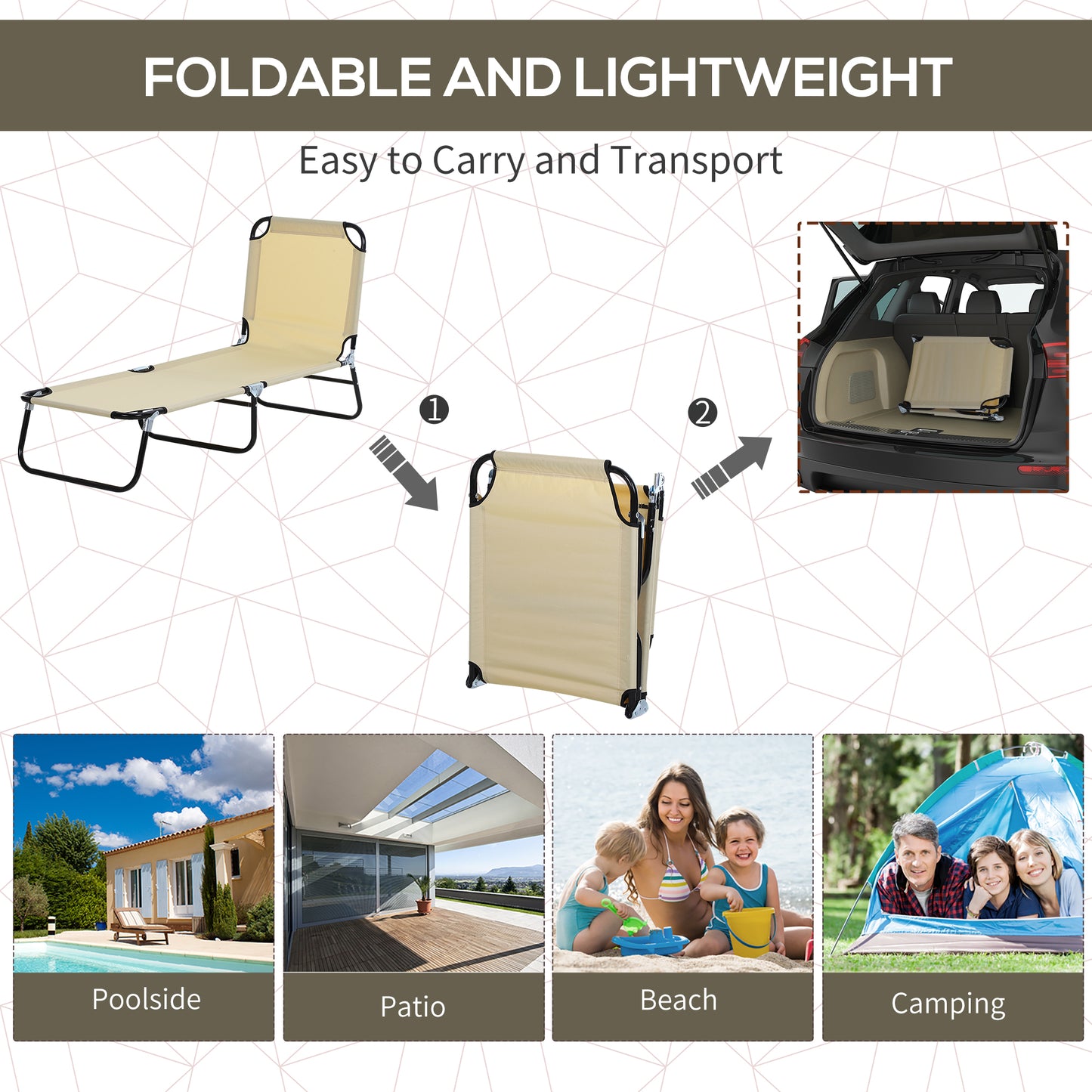 Portable Folding Sun Lounger With 5-Position Adjustable Backrest Relaxer Recliner with Lightweight Frame Great for Pool or Sun Bathing Beige