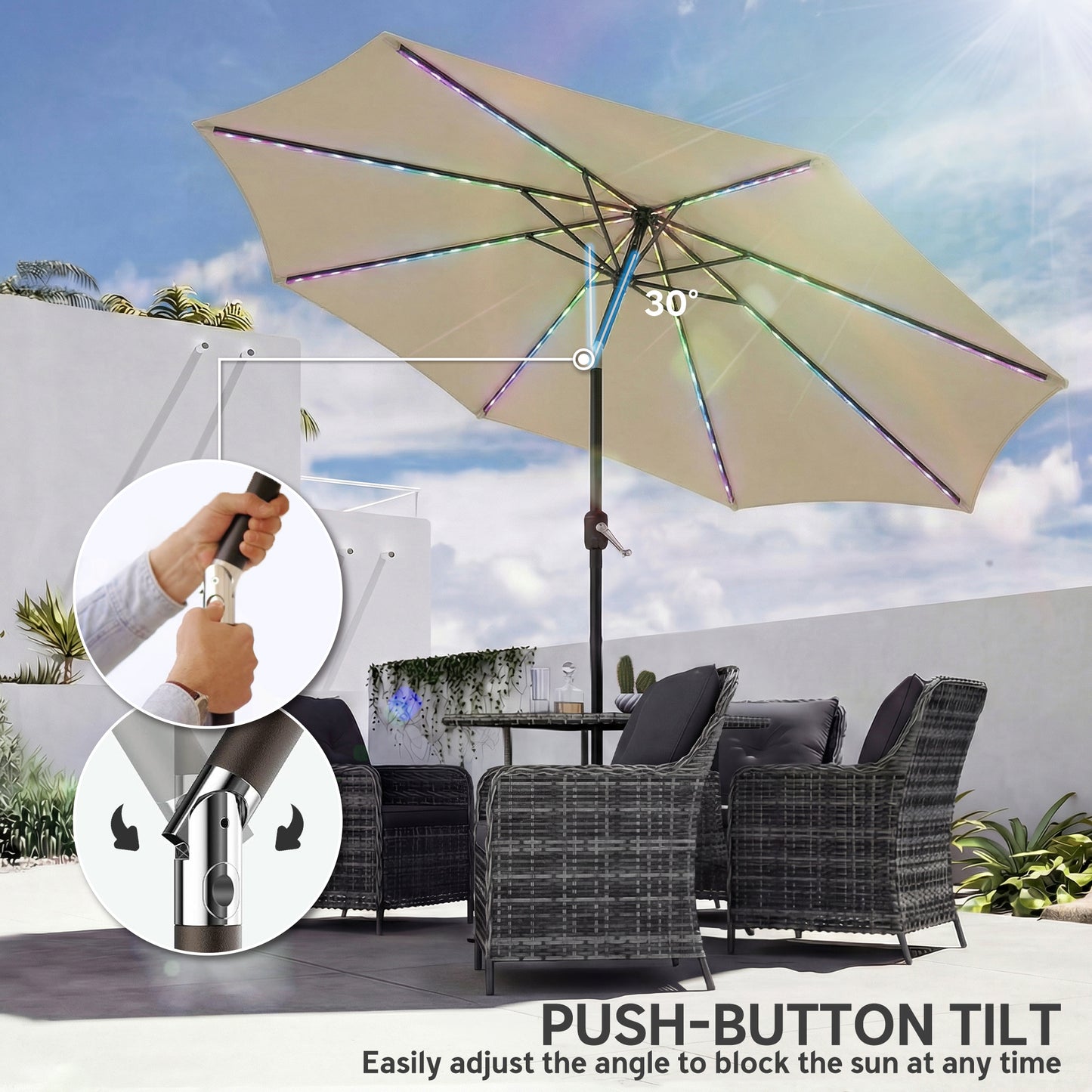 3 m Garden Parasol Umbrella with LED Lights, Patio Umbrella Beige
