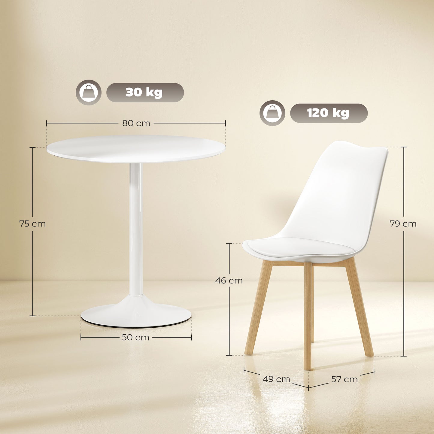 80cm Dining Table Set with 4 PU Padded Chairs, Solid Wood Legs, White